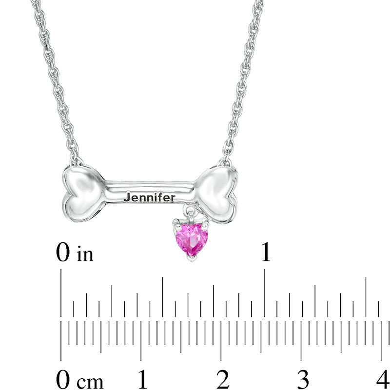4.0mm Heart-Shaped Simulated Birthstone Charm Dog Bone Necklace in Sterling Silver (1 Stone and Name)