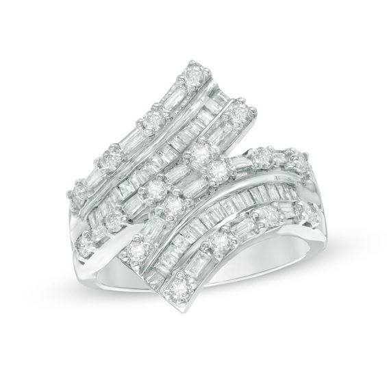 0.95 CT. T.W. Baguette and Round Diamond Bypass Ring in 10K White Gold