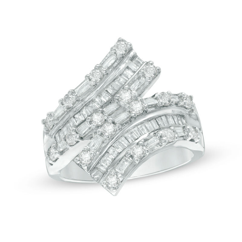 0.95 CT. T.W. Baguette and Round Diamond Bypass Ring in 10K White Gold|Peoples Jewellers