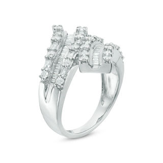 0.95 CT. T.W. Baguette and Round Diamond Bypass Ring in 10K White Gold