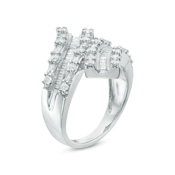 0.95 CT. T.W. Baguette and Round Diamond Bypass Ring in 10K White Gold