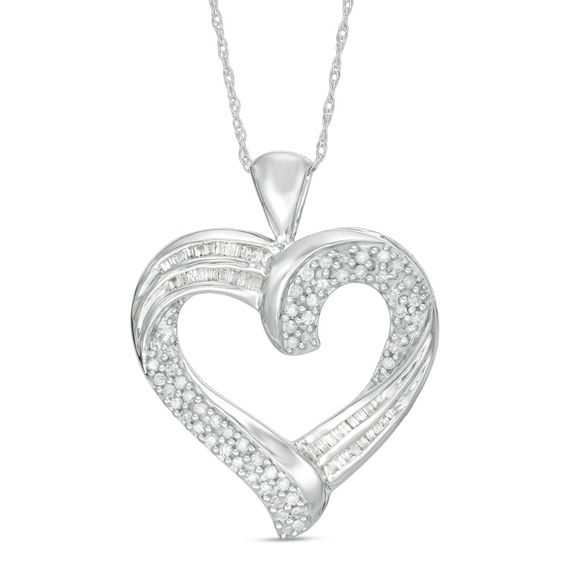 0.45 CT. T.W. Baguette and Round Diamond Heart Pendant in 10K White Gold