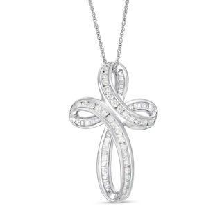 0.69 CT. T.W. Baguette and Round Diamond Loop Cross Pendant in 10K White Gold