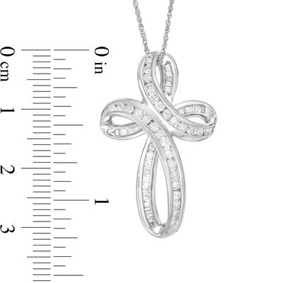 0.69 CT. T.W. Baguette and Round Diamond Loop Cross Pendant in 10K White Gold