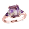 Thumbnail Image 0 of Emerald-Cut Ametrine, Trillion-Cut Amethyst and 0.04 CT. T.W. Diamond Ring in Sterling Silver with Rose Rhodium