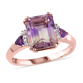 Emerald-Cut Ametrine, Trillion-Cut Amethyst and 0.04 CT. T.W. Diamond Ring in Sterling Silver with Rose Rhodium