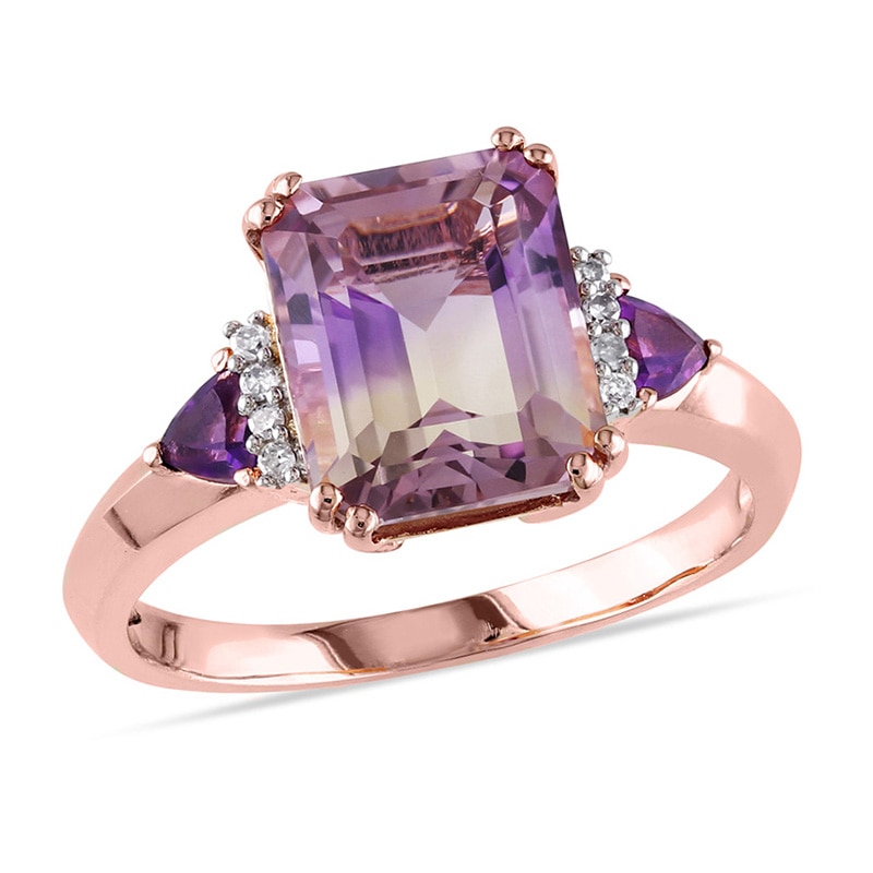 Emerald-Cut Ametrine, Trillion-Cut Amethyst and 0.04 CT. T.W. Diamond Ring in Sterling Silver with Rose Rhodium|Peoples Jewellers