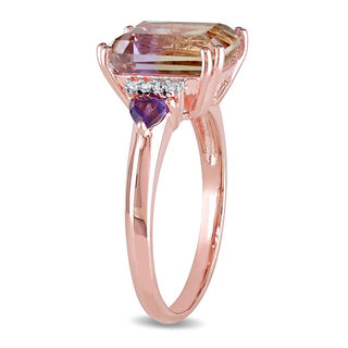 Emerald-Cut Ametrine, Trillion-Cut Amethyst and 0.04 CT. T.W. Diamond Ring in Sterling Silver with Rose Rhodium