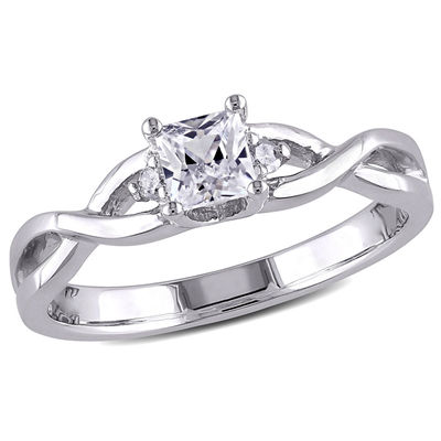 4.0mm Princess-Cut Lab-Created White Sapphire and 0.04 CT. T.W. Diamond Promise Ring in Sterling Silver