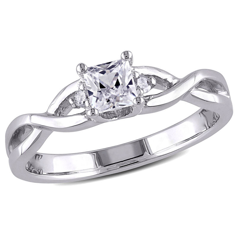 4.0mm Princess-Cut Lab-Created White Sapphire and 0.04 CT. T.W. Diamond Promise Ring in Sterling Silver|Peoples Jewellers