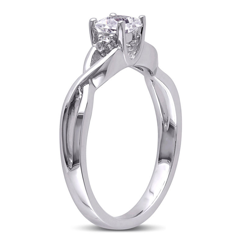4.0mm Princess-Cut Lab-Created White Sapphire and 0.04 CT. T.W. Diamond Promise Ring in Sterling Silver|Peoples Jewellers