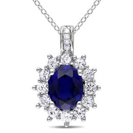 Oval Lab-Created Blue and White Sapphire Sunburst Frame Pendant in Sterling Silver with Diamond Accents