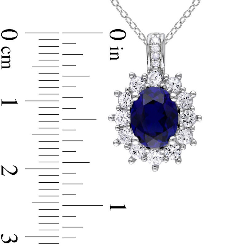 Oval Lab-Created Blue and White Sapphire Sunburst Frame Pendant in Sterling Silver with Diamond Accents|Peoples Jewellers