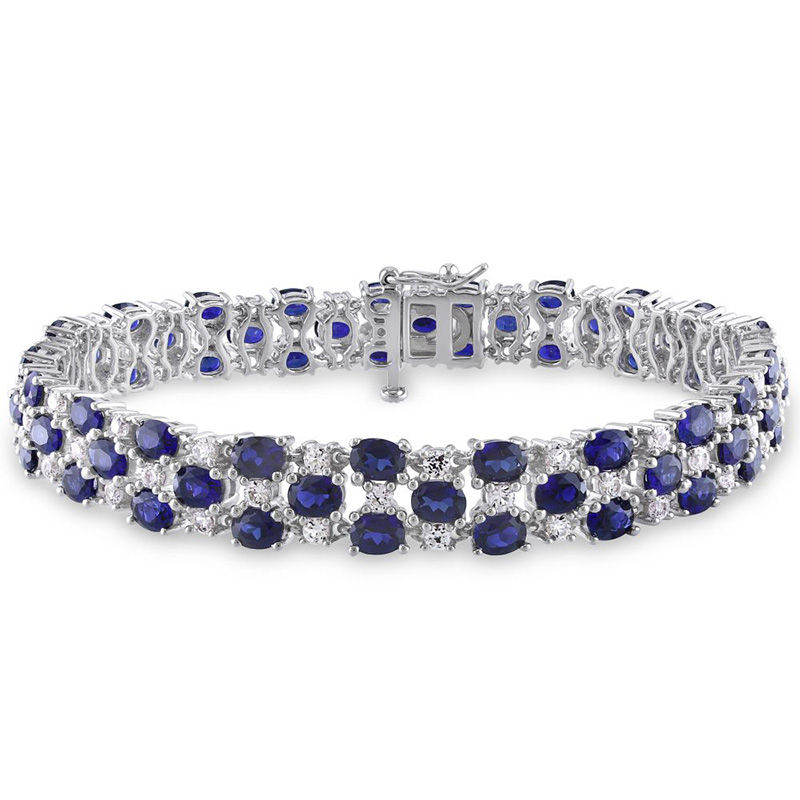 Oval Lab-Created Blue and White Sapphire Woven Bracelet in Sterling Silver - 7.25"|Peoples Jewellers