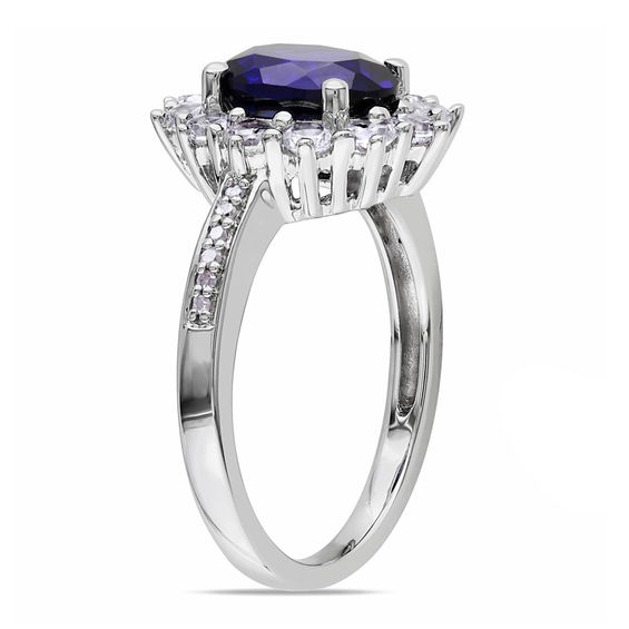 Oval Lab-Created Blue and White Sapphire Sunburst Frame Ring in Sterling Silver with Diamond Accents