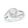 Couple's Simulated Birthstone and Diamond Accent Split Shank Swirl Frame Ring in Sterling Silver (1 Stone and 2 Names)