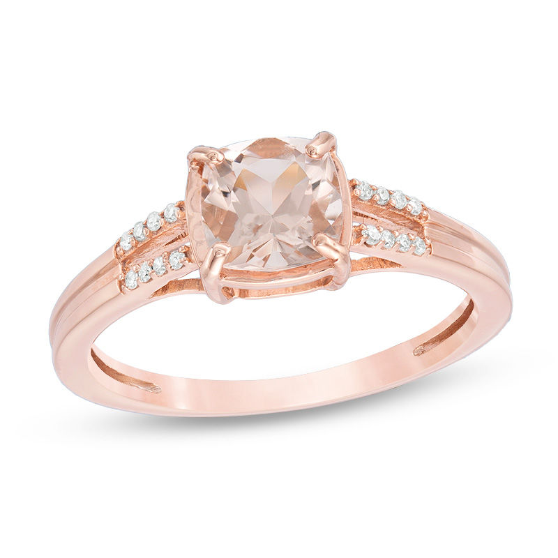 6.0mm Cushion-Cut Morganite and 0.05 CT. T.W. Diamond Split Shank Ring in 10K Rose Gold|Peoples Jewellers