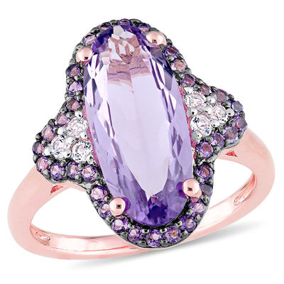 Elongated Oval Amethyst and White Topaz Frame Tri-Sides Ring in Sterling Silver with Rose Rhodium