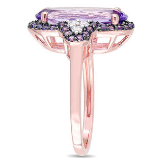 Elongated Oval Amethyst and White Topaz Frame Tri-Sides Ring in Sterling Silver with Rose Rhodium