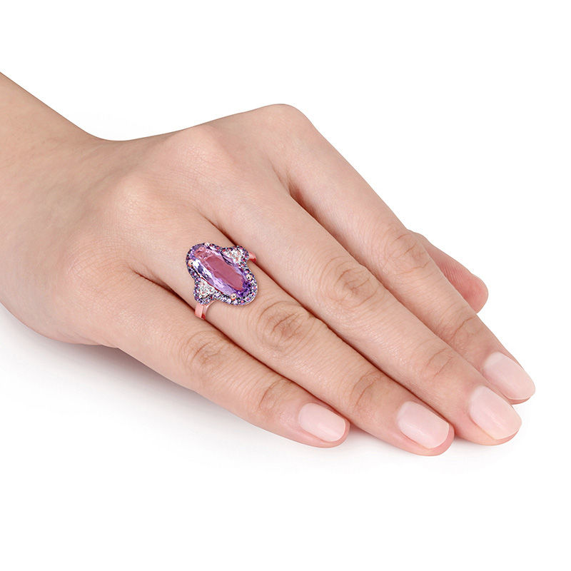 Elongated Oval Amethyst and White Topaz Frame Tri-Sides Ring in Sterling Silver with Rose Rhodium|Peoples Jewellers