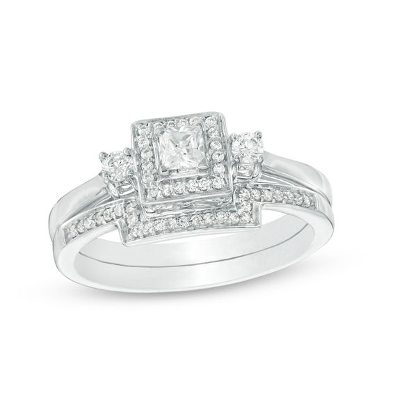 0.29 CT. T.W. Princess-Cut Diamond Three Stone Frame Bridal Set in 10K White Gold