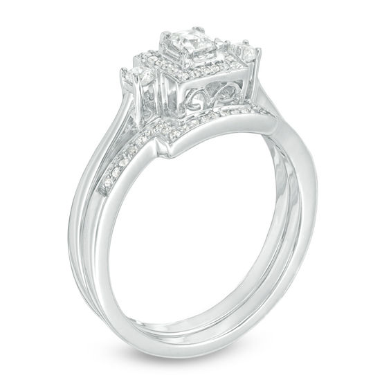 0.29 CT. T.W. Princess-Cut Diamond Three Stone Frame Bridal Set in 10K White Gold