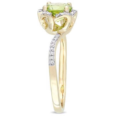 7.0mm Peridot and 0.10 CT. T.W. Diamond Floral Frame Bypass Ring in 14K Gold