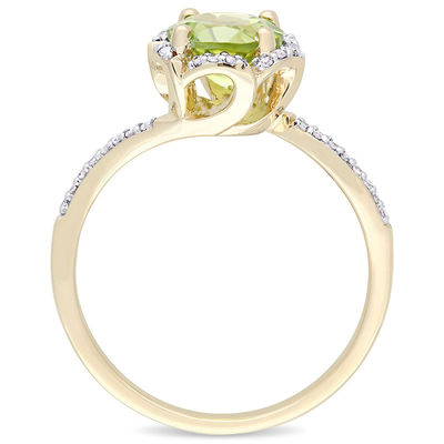 7.0mm Peridot and 0.10 CT. T.W. Diamond Floral Frame Bypass Ring in 14K Gold