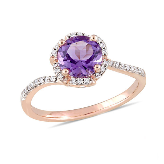 7.0mm Amethyst and 0.10 CT. T.W. Diamond Floral Frame Bypass Ring in 14K Rose Gold