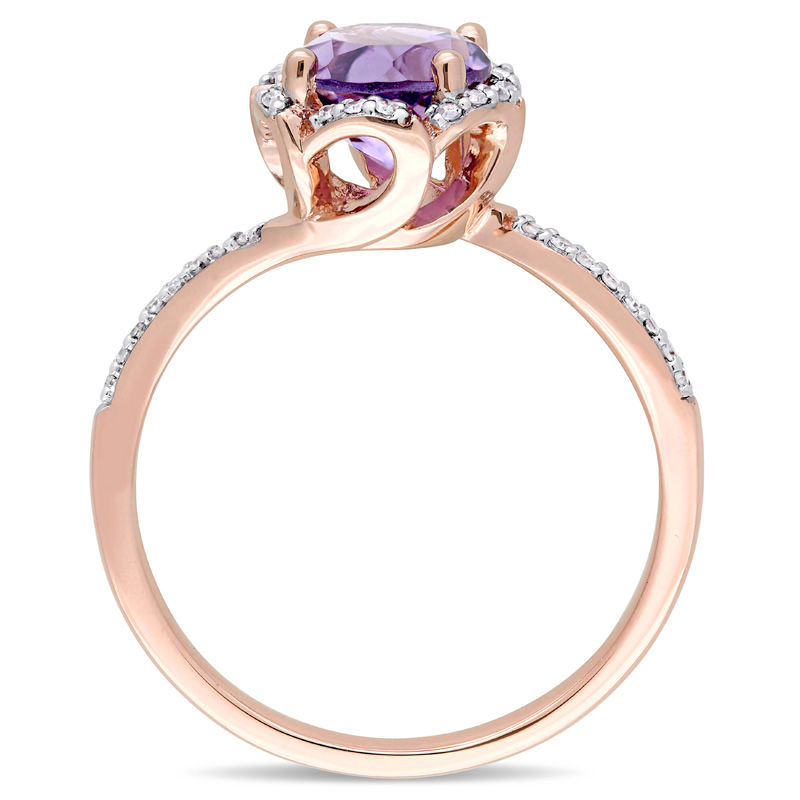 7.0mm Amethyst and 0.10 CT. T.W. Diamond Floral Frame Bypass Ring in 14K Rose Gold