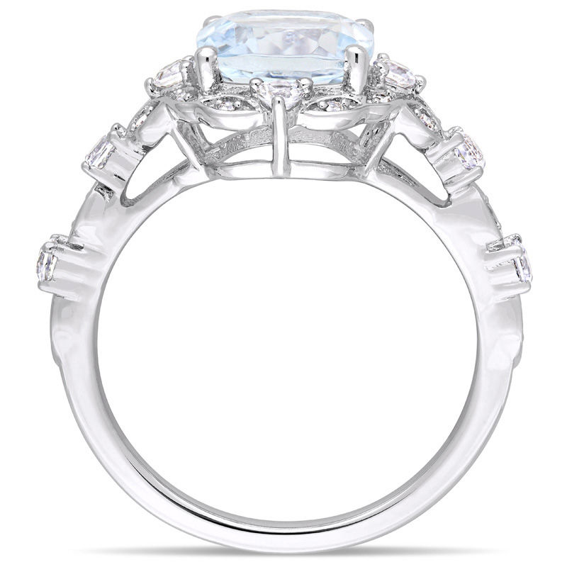 8.0mm Cushion-Cut Aquamarine, White Sapphire and 0.06 CT. T.W. Diamond Frame Vintage-Style Ring in 14K White Gold|Peoples Jewellers