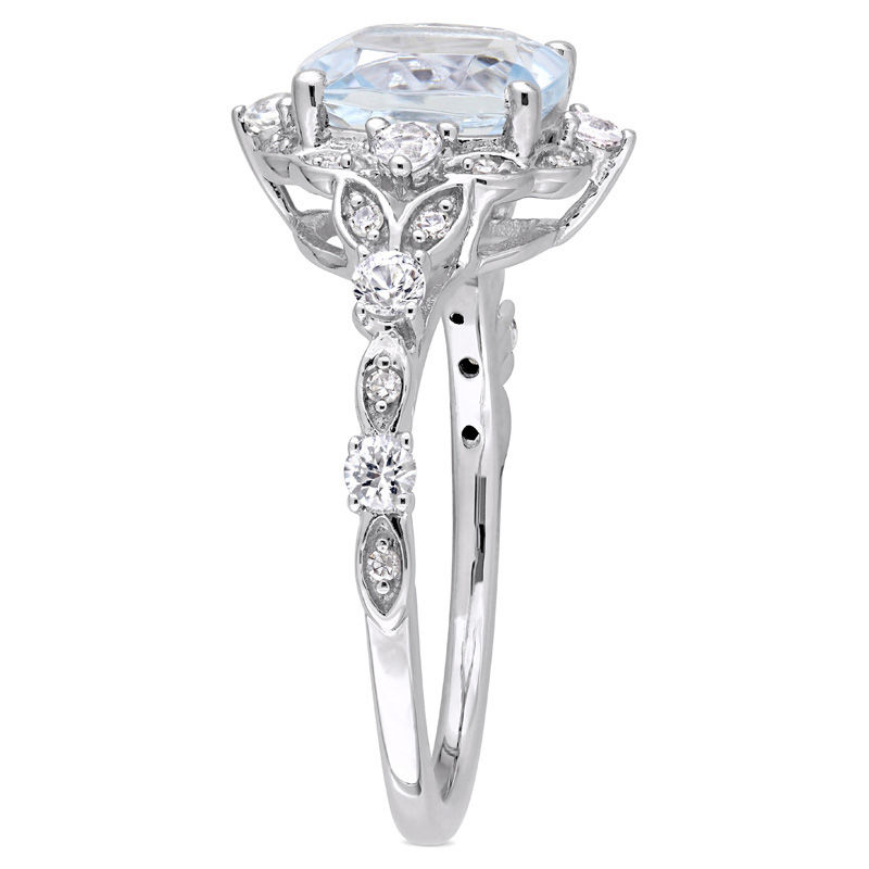 8.0mm Cushion-Cut Aquamarine, White Sapphire and 0.06 CT. T.W. Diamond Frame Vintage-Style Ring in 14K White Gold|Peoples Jewellers