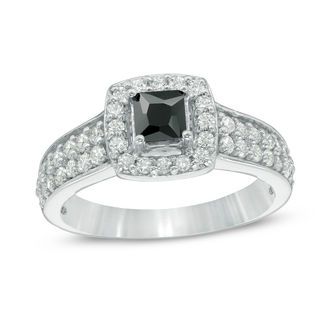 0.95 CT. T.W. Princess-Cut Enhanced Black and White Diamond Frame Multi-Row Engagement Ring in 10K White Gold