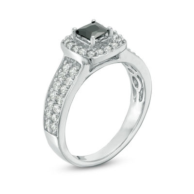 0.95 CT. T.W. Princess-Cut Enhanced Black and White Diamond Frame Multi-Row Engagement Ring in 10K White Gold