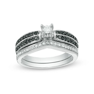 0.45 CT. T.W. Enhanced Black and White Diamond Double Row Bridal Set in Sterling Silver