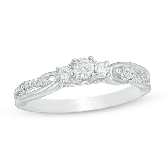 0.30 CT. T.W. Certified Canadian Diamond Three Stone Swirl Engagement Ring in 14K White Gold (I/I2)