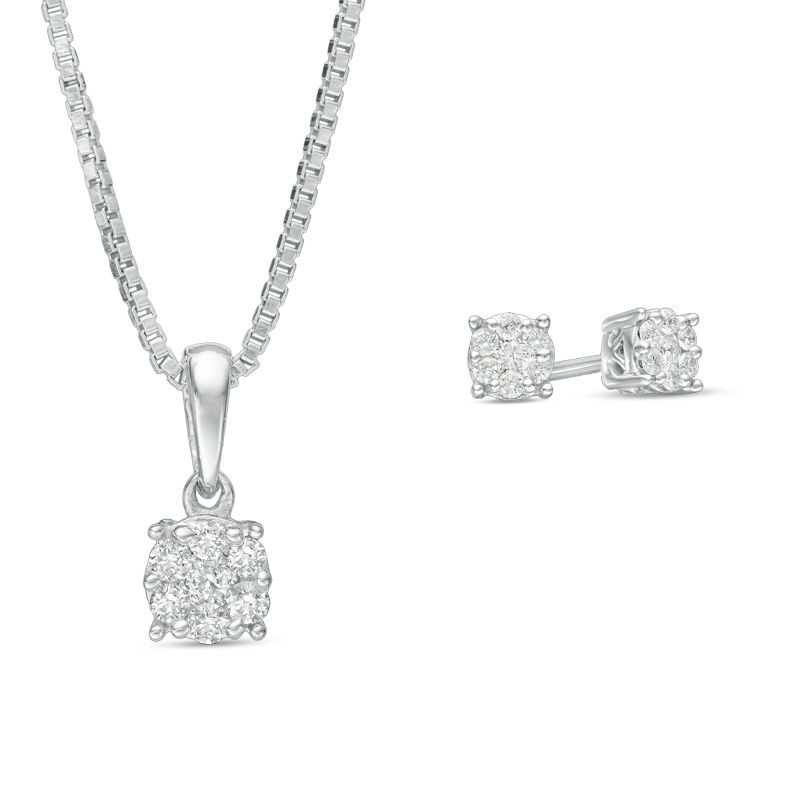 0.21 CT. T.W. Composite Diamond Flower Pendant and Stud Earrings Set in Sterling Silver|Peoples Jewellers