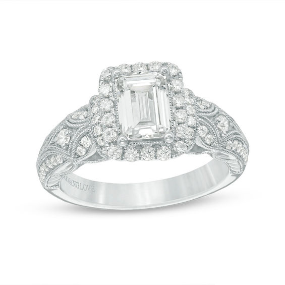 Vera Wang Love Collection 1.45 CT. T.W. Emerald-Cut Diamond Frame Vintage-Style Engagement Ring in 14K White Gold