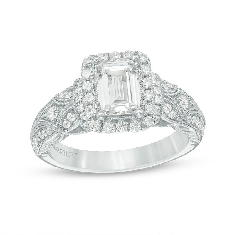 Vera Wang Love Collection 1.45 CT. T.W. Emerald-Cut Diamond Frame Vintage-Style Engagement Ring in 14K White Gold