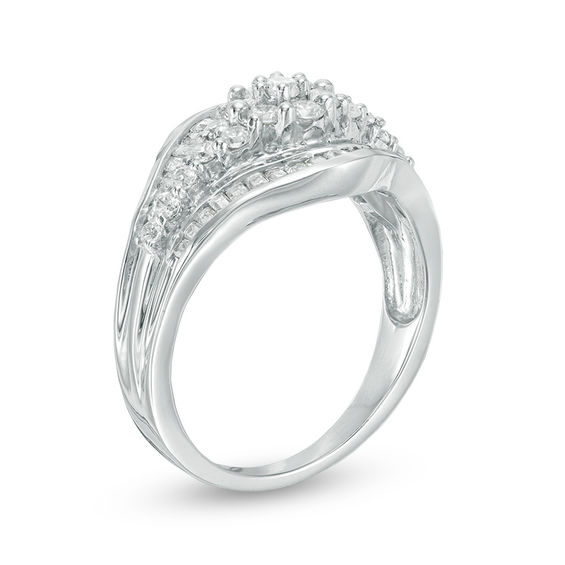 0.95 CT. T.W. Multi-Diamond Contoured Borders Ring in 10K White Gold