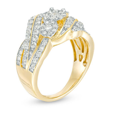 1.29 CT. T.W. Multi-Diamond Three Stone Frame Bypass Ring in 10K Gold