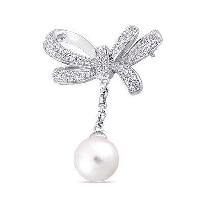 9.5-10.0mm Freshwater Cultured Pearl and White Sapphire Bow Brooch in Sterling Silver