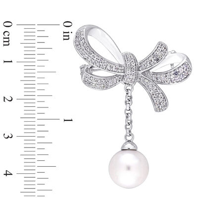 9.5-10.0mm Freshwater Cultured Pearl and White Sapphire Bow Brooch in Sterling Silver