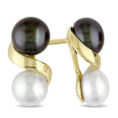 5.5-6.0mm Button White and Dyed Black Freshwater Cultured Pearl Cascading Drop Earrings in 10K Gold