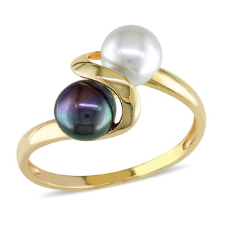 5.5-6.0mm Button White and Dyed Black Freshwater Cultured Pearl Bypass Ring in 10K Gold