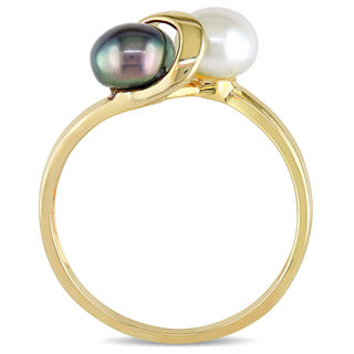 5.5-6.0mm Button White and Dyed Black Freshwater Cultured Pearl Bypass Ring in 10K Gold