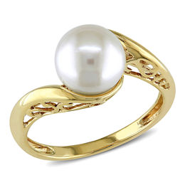 8.0-8.5mm Freshwater Cultured Pearl and Scroll Bypass Ring in 10K Gold