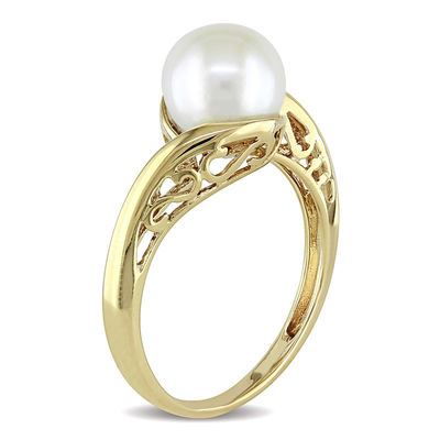 8.0-8.5mm Freshwater Cultured Pearl and Scroll Bypass Ring in 10K Gold