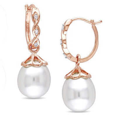 9.0-9.5mm Baroque Freshwater Cultured Pearl and Diamond Accent Twisted Drop Hoop Earrings in 10K Rose Gold