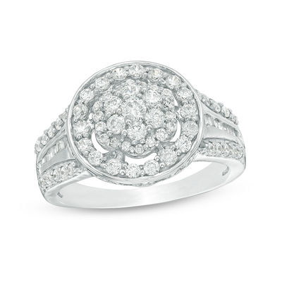 0.95 CT. T.W. Multi-Diamond Flower Three-Row Ring in 10K White Gold